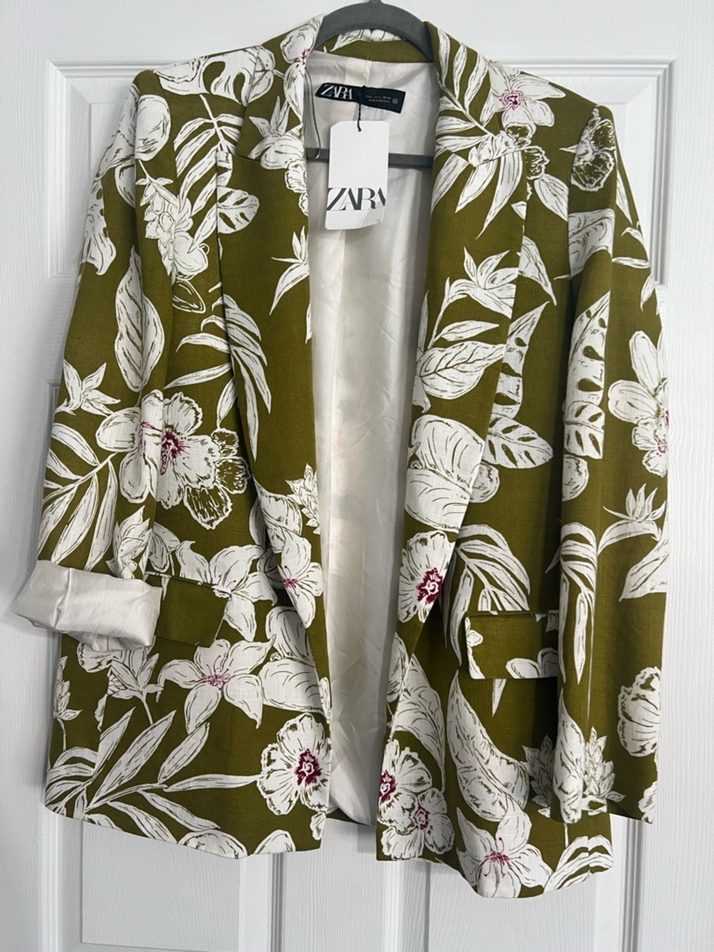 Zara Tropical Floral Blazer NWT Linen Blend Olive Green Size L